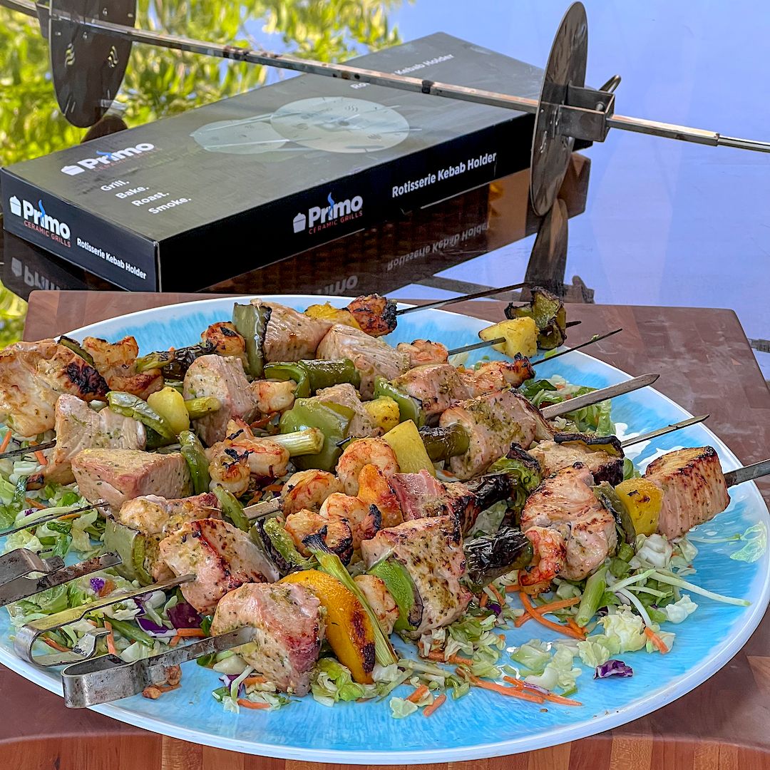 Sea Bass, Shrimp, and Peach Kebabs